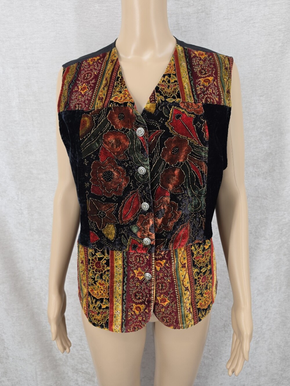 Vintage Velvet Vest in Black Gold Deep Red Floral Patchwork Pattern Fall Autumn